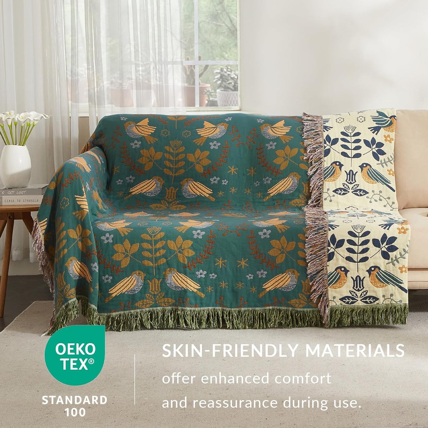 Boho Throw Blanket for Couch Sofa Bed, 100% Cotton Woven Quilt with Tassel 80”x90”, Super Soft Muslin Blanket with Bird Printed, Decorative Reversible Bed Blanket/Cover for All Seasons