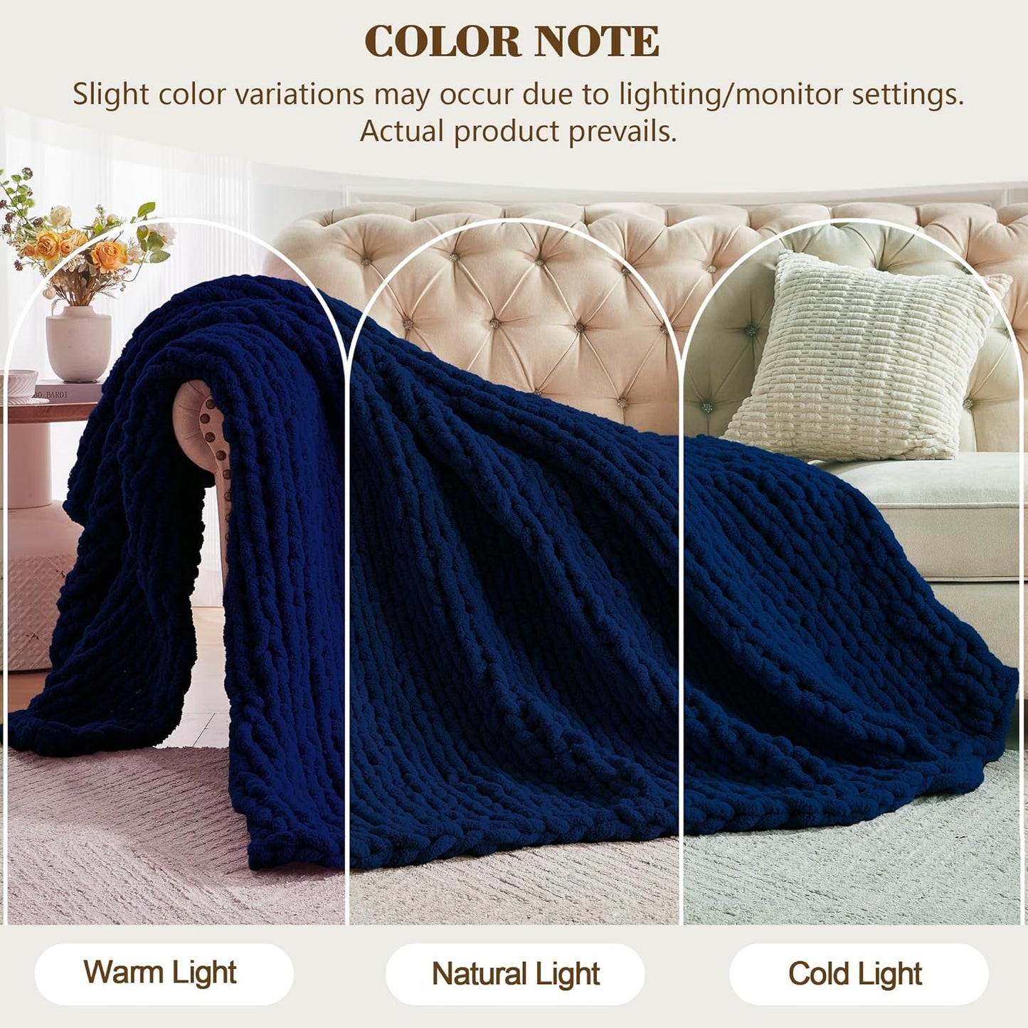 Carriediosa Chunky Knit Throw Blanket 50" X 60", 100% Hand Made Large Chenille Loop Yarn Soft Fluffy Throws for Couch Sofa Bed, Big Crochet Cozy Heavy Thick Cable Woven Blankets, Navy Blue
