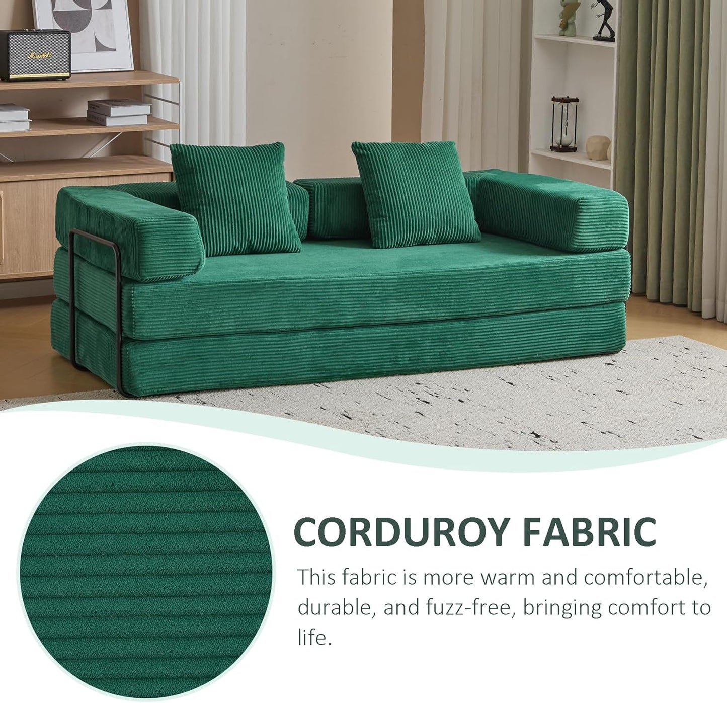 Convertible Sleeper Sofa Bed, Compression Folding Sofa with Pillow, No Assembly Required, Shape Frame, Floor Sofas Lounge Couch for Living Room, Bedroom, Small Spaces(Corduroy, 77''W, Dark Green)