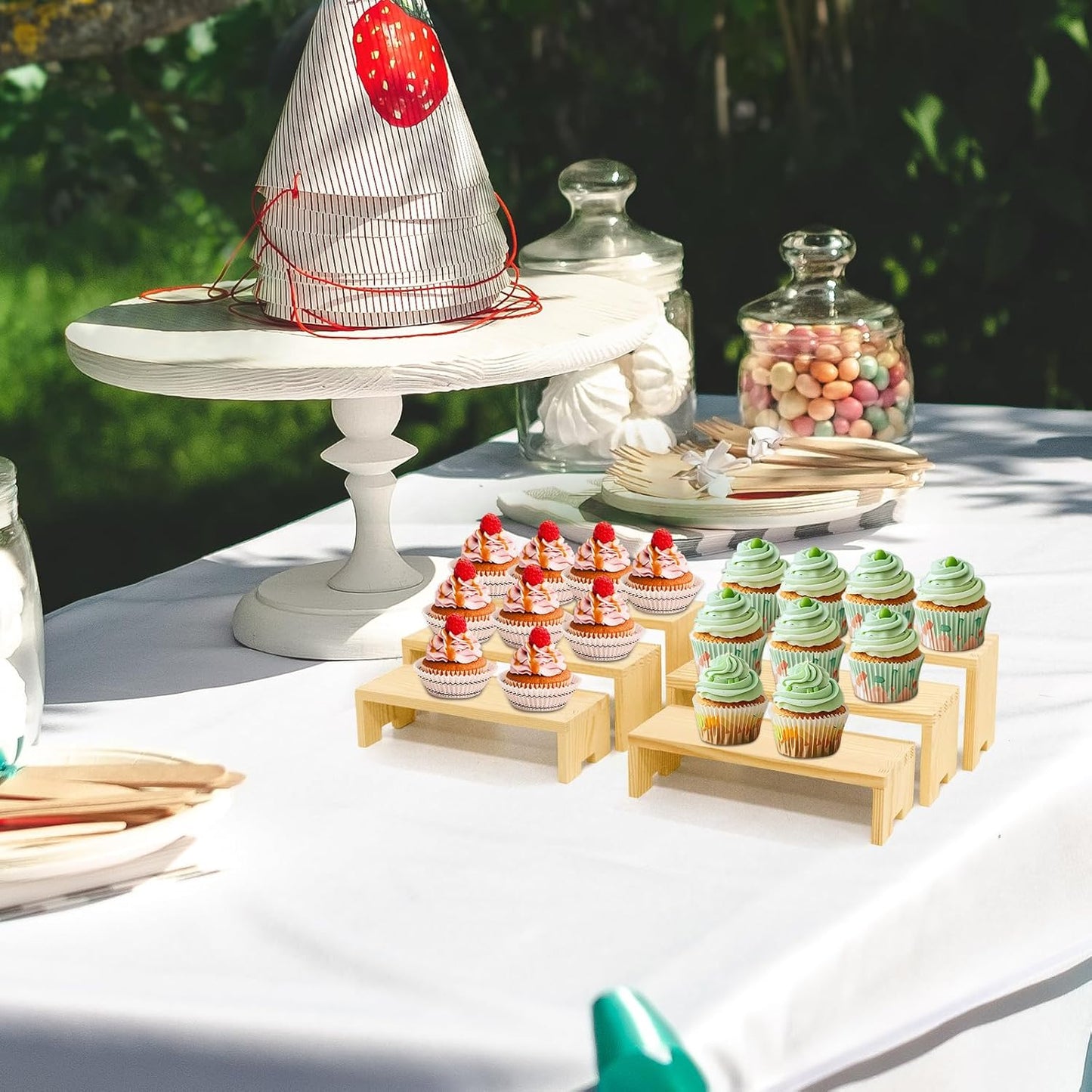 Display Wood Risers Wooden Stand 3 Tier 4 Set 12 Pieces Wooden Stands Decorative Rectangular Display Cupcake Stands Perfume Racks Cologne Organizer(Nature)