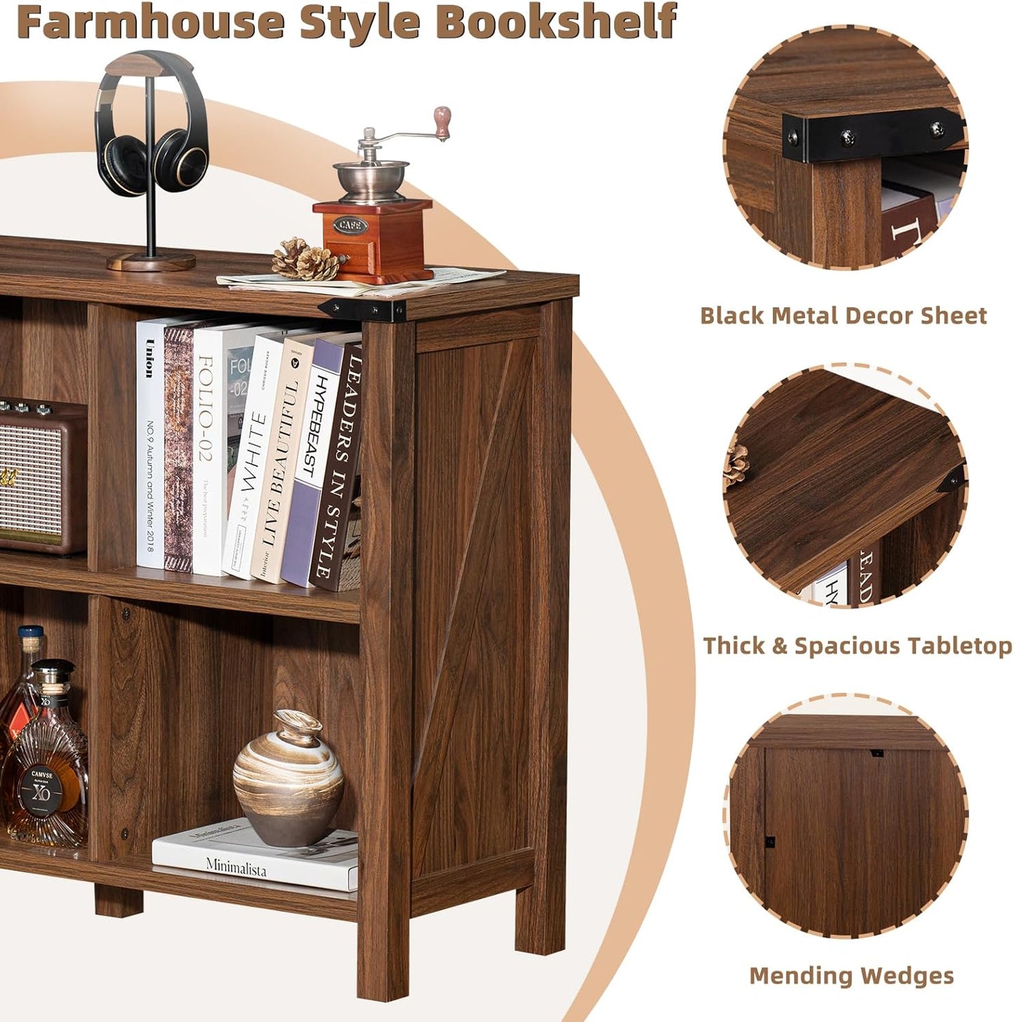 Farmhouse 6 Cube Book Shelf, Wood 3 Tier Storage Organizer Bookshelf, Brown Walnut 47" Horizontal Cubby Bookcase with Legs, Rustic Entryway Book Case, Long Display Cabinet for Bedroom, Office
