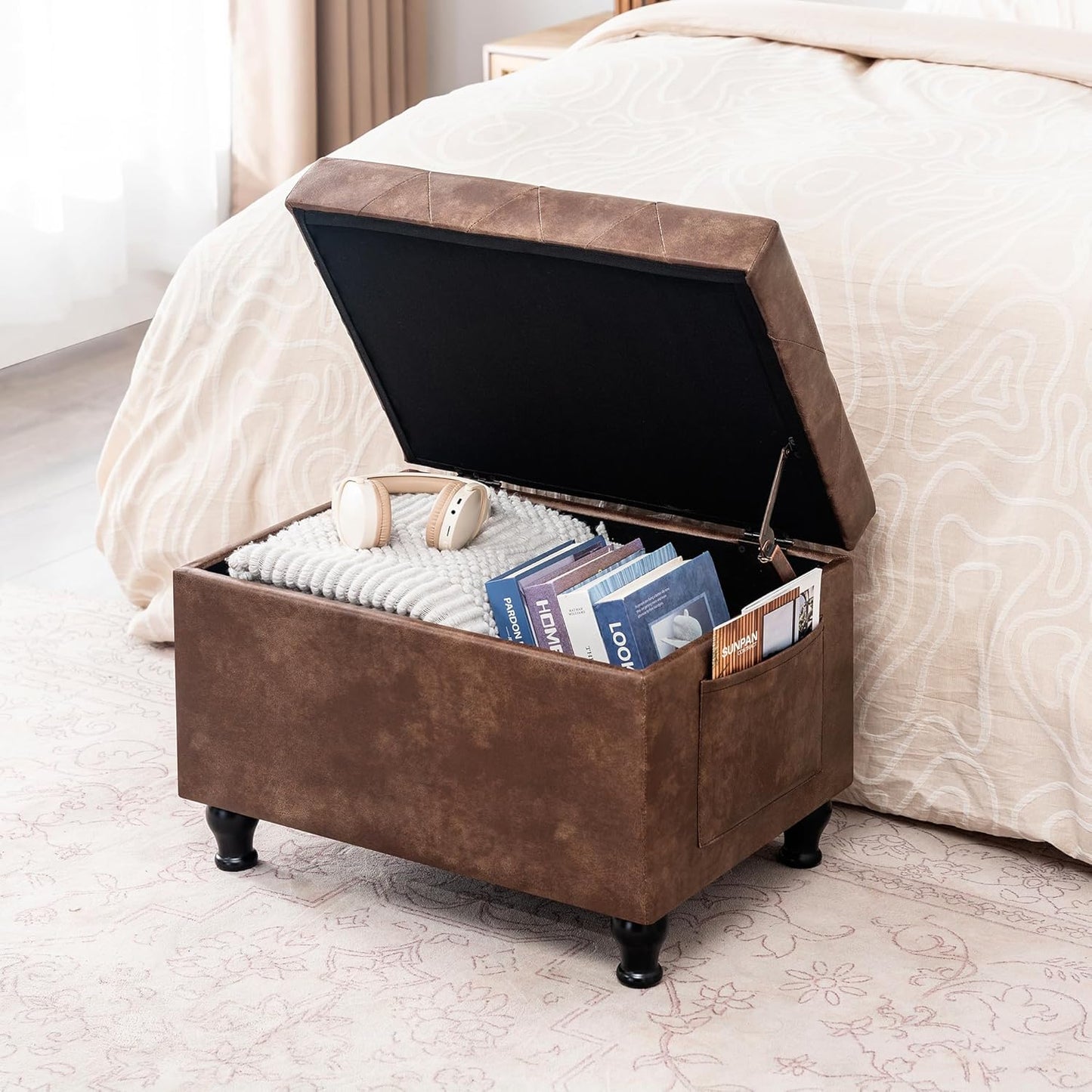 Leather Storage Ottoman Bench Rectangle 24 Inch Foot Rest Ottomans Stool for Living Room Bedroom(Brown)