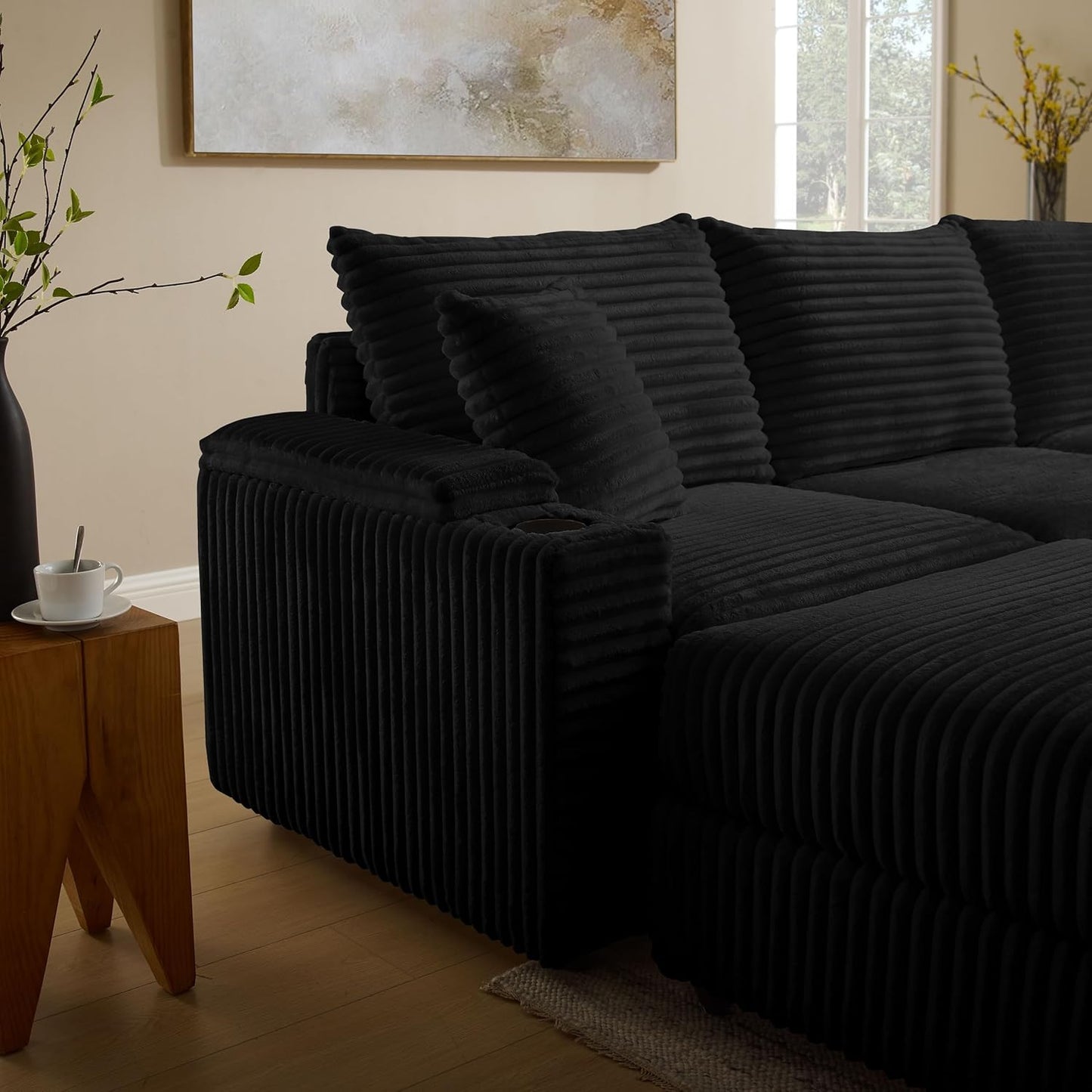 Modular Sectional Sofa Couch, Plush Corduroy Fabric Sectional Couches for Living Room with USB Charging Ports, Phone Holders, and Multi-Functional Storage Armrests (Black, 4set+2ottoman)