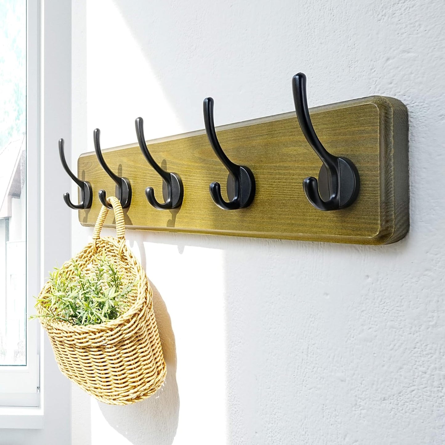 Dseap Coat Rack Wall: Patented, Heavy-Duty, 5-Double-Hooks Wooden Wall Mounted Coat Rack Coat Hanger Hook Rail for Winter Coats Hat Jacket Clothing, Weathered Green
