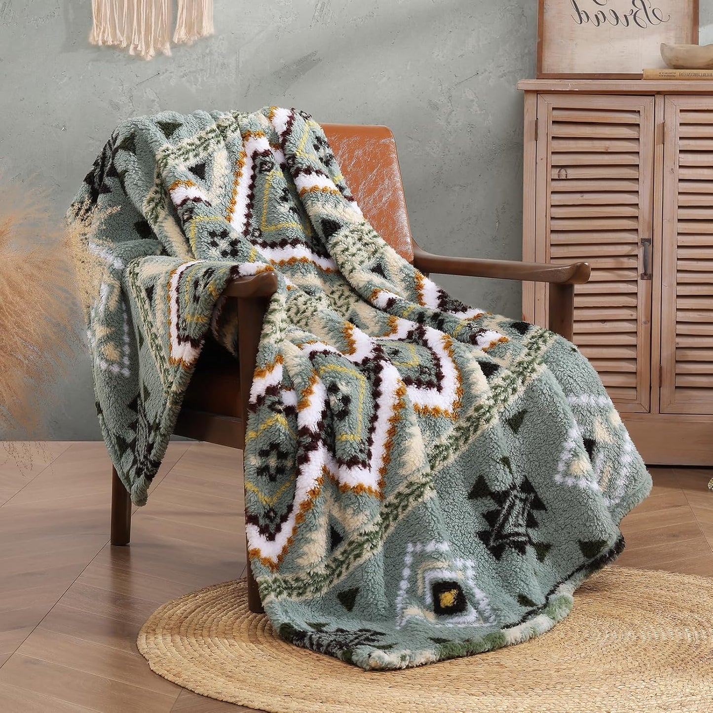 CASAAGUSTO Boho Sherpa Throw Blanket, Aztec Throw Blanket,Ultra Soft, Warm, Cozy, Plush, Thick Fleece Blanket for Couch, Bed, Sofa (Olive Green 50 * 60 Inch)
