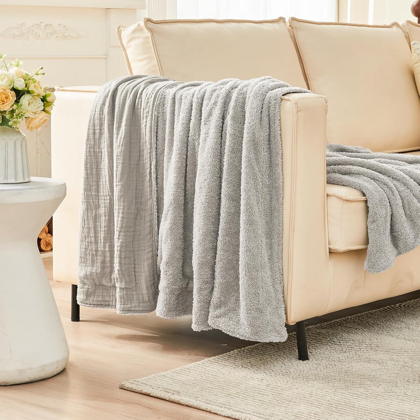 EMME Muslin and Fleece Throw Blanket Reversible - 50"*60" Grey Soft Warm Throw Blankets for Couch Bed Picnic Travel Bed