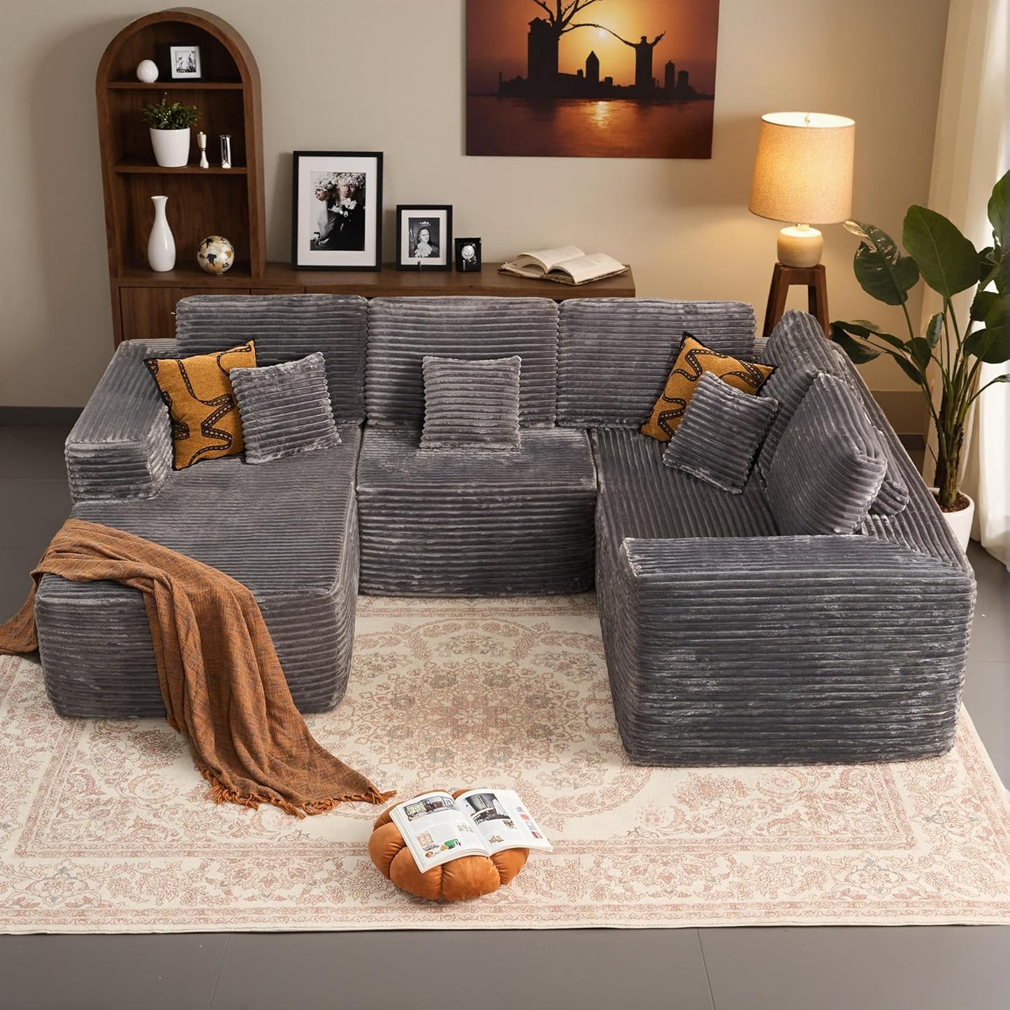 HOOOWOOO Cloud Sectional Couches for Living Room,Modular Sectional Sofa No Assembly,110X79 Inch Plush Corduroy Large U Shaped Floor Couch Set with Deep Seat Chaise(Gray)