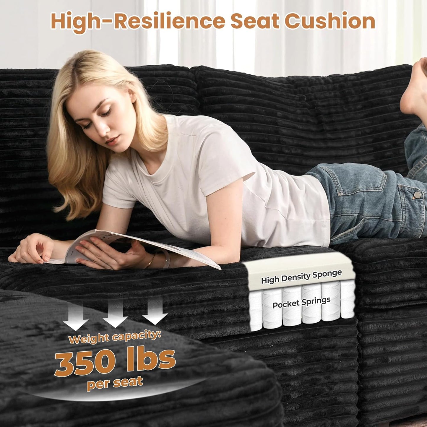 ovios Sectional Sofa Couch with U-Shape Chaise Oversized, Comfy Modular Cloud Couches with Deep Seat, Modern Upholstered Plush Corduroy Sofas Set for Living Room, 8-Seater, Black