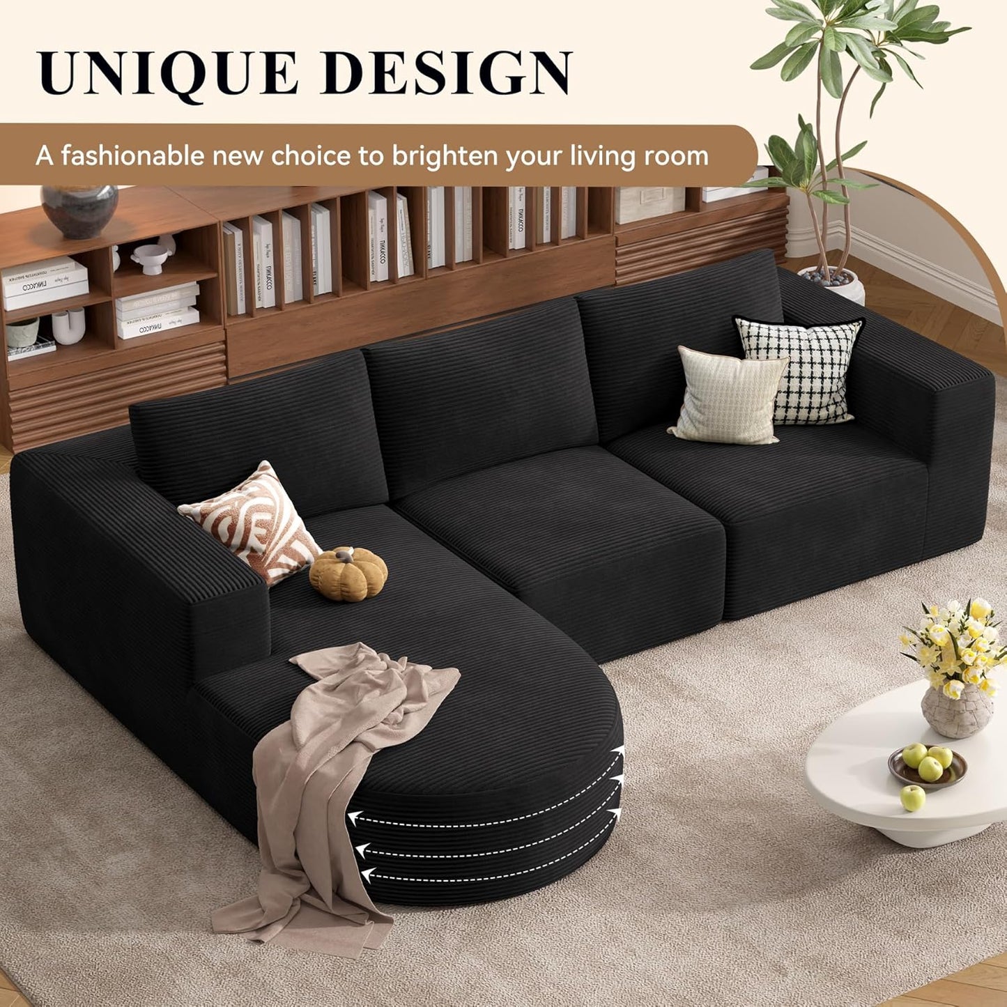 Modular Sectional Sofa with L-Shape Chaise,Cloud Sectional Modern Sleeper Couch with Deep Seat,Sponge Compression Sofas No Assembly Required (Black-Corduroy Fabric) 1PCS