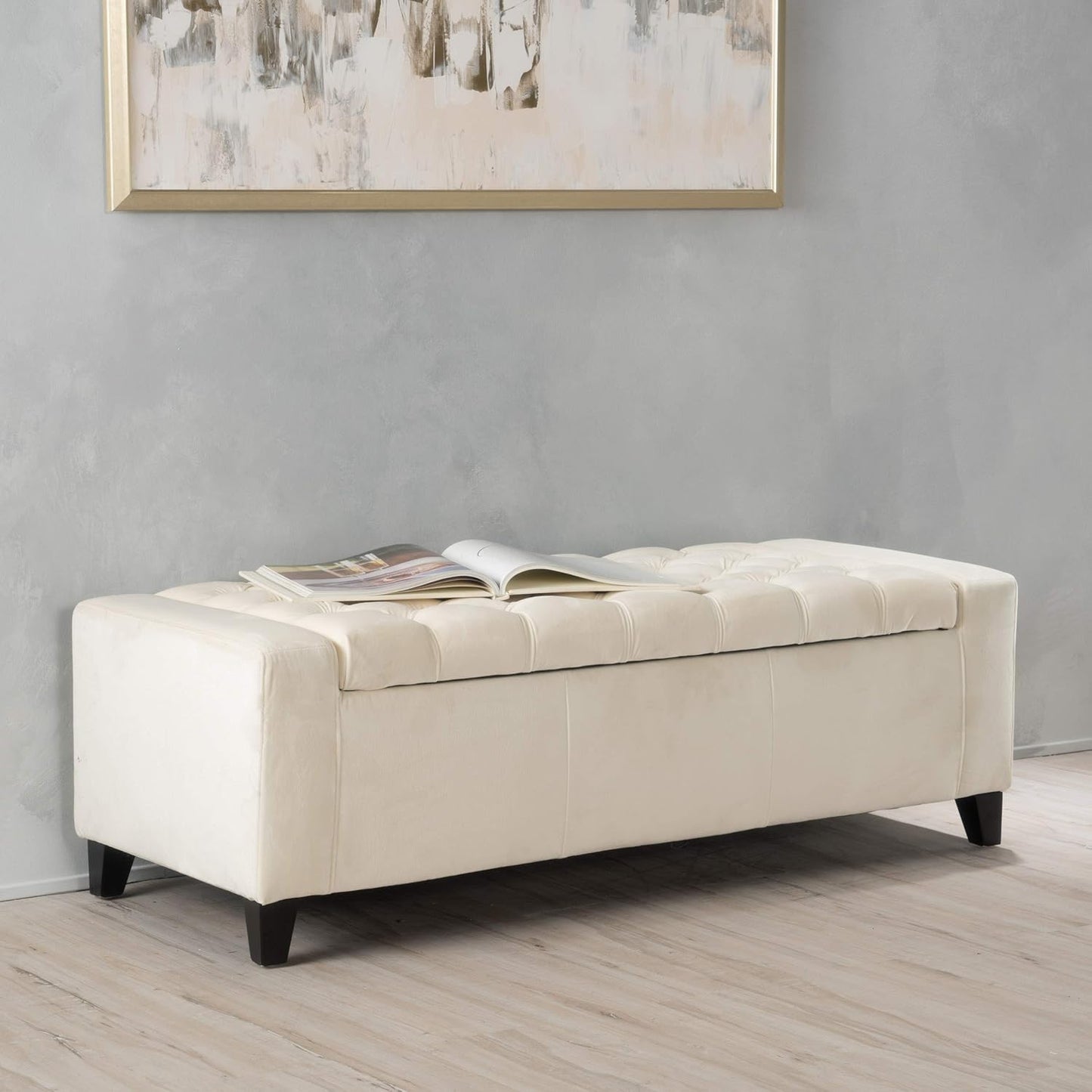 Christopher Knight Home Hikaru Velvet Storage Ottoman, Ivory 19.75”D x 50.00”W x 17.48”H