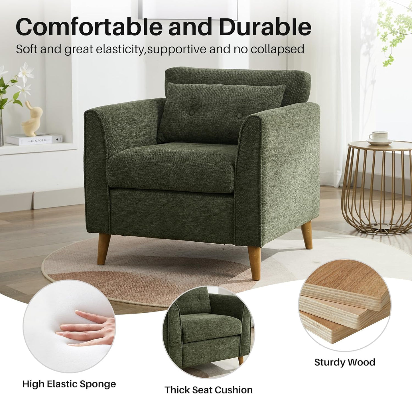 Modern Accent Chair with Wooden Legs Plush Fabric Armchair Cozy Reading Chair for Living Room, Bedroom, Study (Green Armchair)