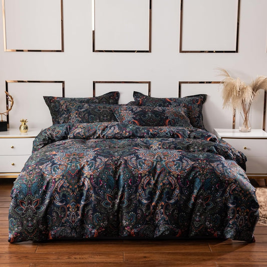 ABREEZE Luxury Vintage Black Duvet Cover Sets Damask Paisley Bedding Set Retro 100% Brushed Cotton Zipper Closure Bedding Collection Twin Size