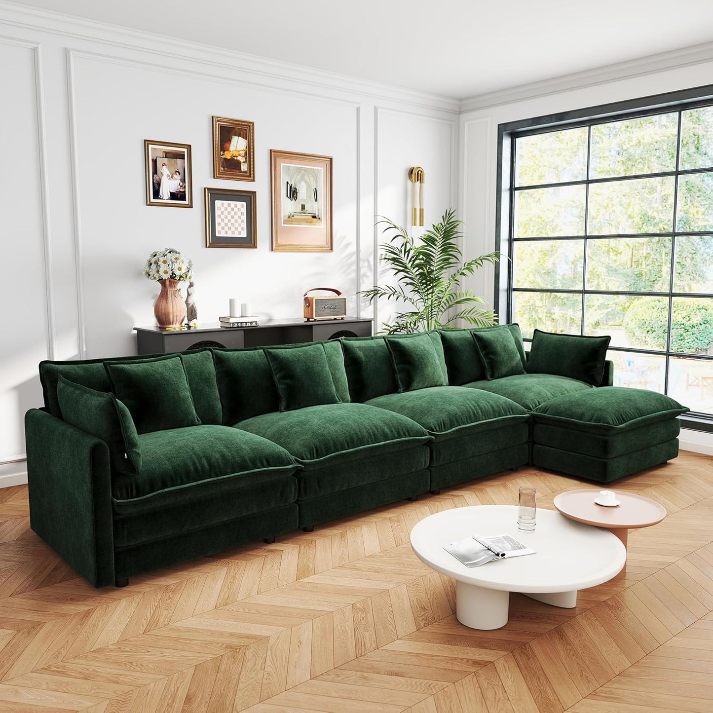 Sectional Sofa 4 Seater with Movable 1 Ottoman,Oversized Modular Couch Deep Seat (Green, 146.5 inch-L)