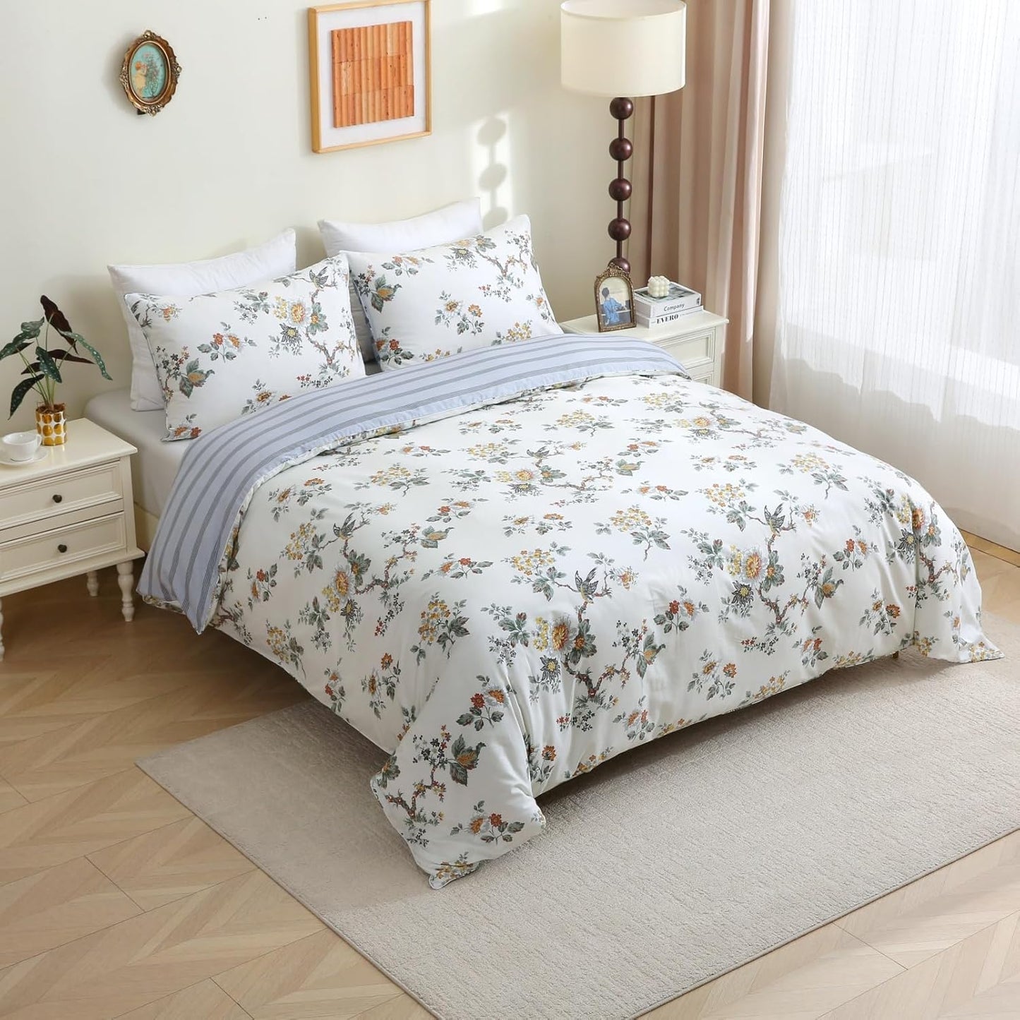 ABREEZE Floral Duvet Cover King Size Set Bird Flowers Bedding Set 100% Brushed Cotton Bedding Collection 1 Duvet Cover with 2 Pillowcases White