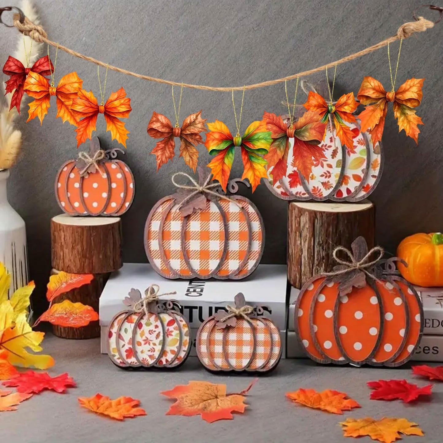 Fall Thanksgiving Hanging Ornament,9 Pcs Cute Bow Shaped Maple Leaf Acrylic Pendant, Funny Cartoon Christmas Tree Ornaments Decorationfor Tree Mini Autumn Leaf Decorations Indoor Outdoo