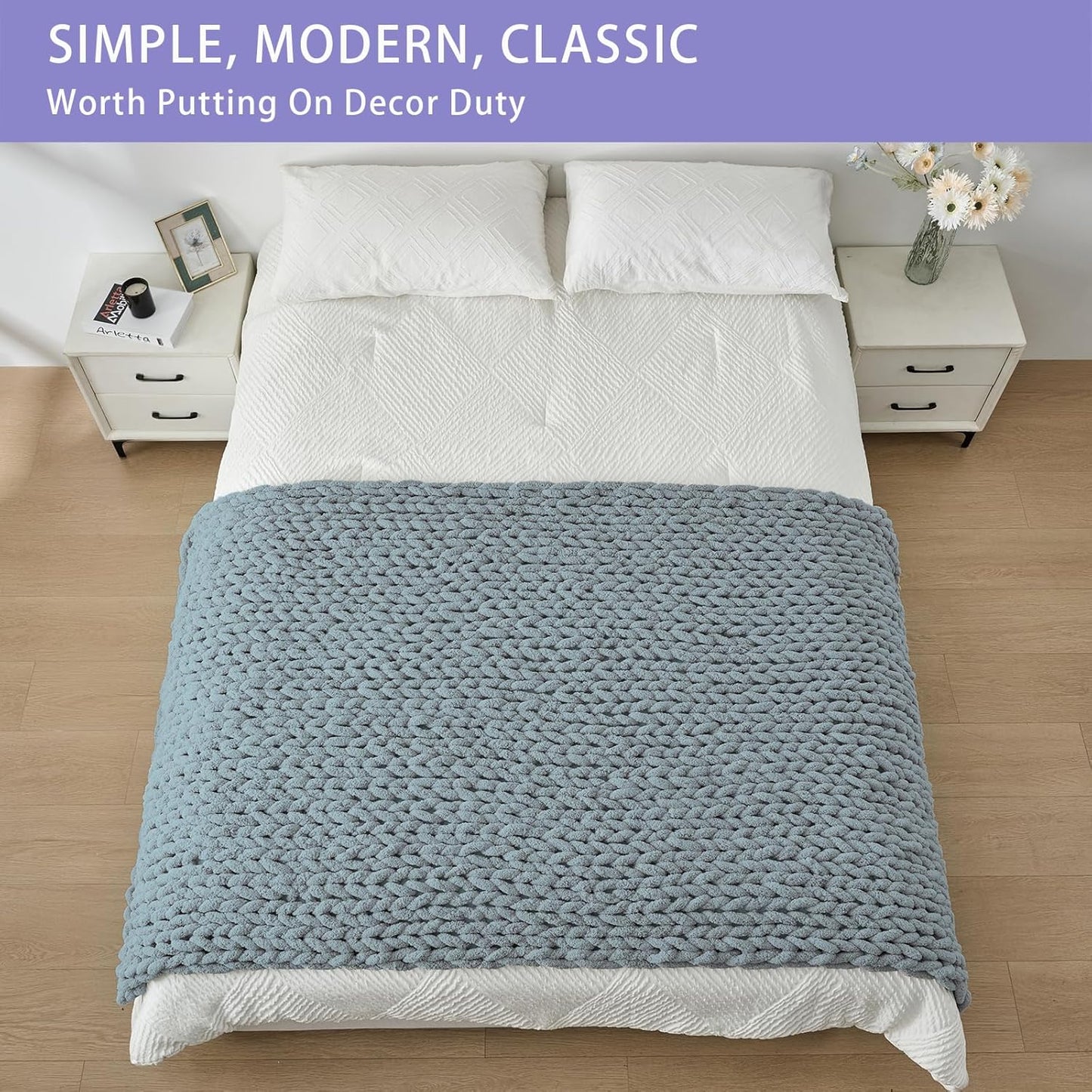 Bigacogo Chunky Knit Throw Blanket for Couch, 40x80 inches, 100% Hand Knitted with Thick Jumbo Chenille Yarn, Cozy Soft Large Rope Knot Cable Crochet Blankets for Sofa Bed Living Room, Dusty Blue