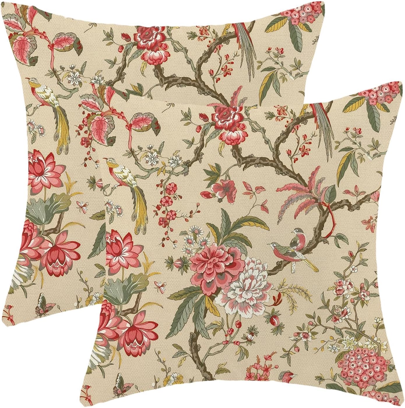 CXMEIFLY Spring Floral Birds Pillow Covers 20 x 20 Inch Set of 2 for Chinoiserie Flowers Decor Throw Pillows Pink Red Plant Outdoor Decorative Cushion Cases for Couch Bed Decorations