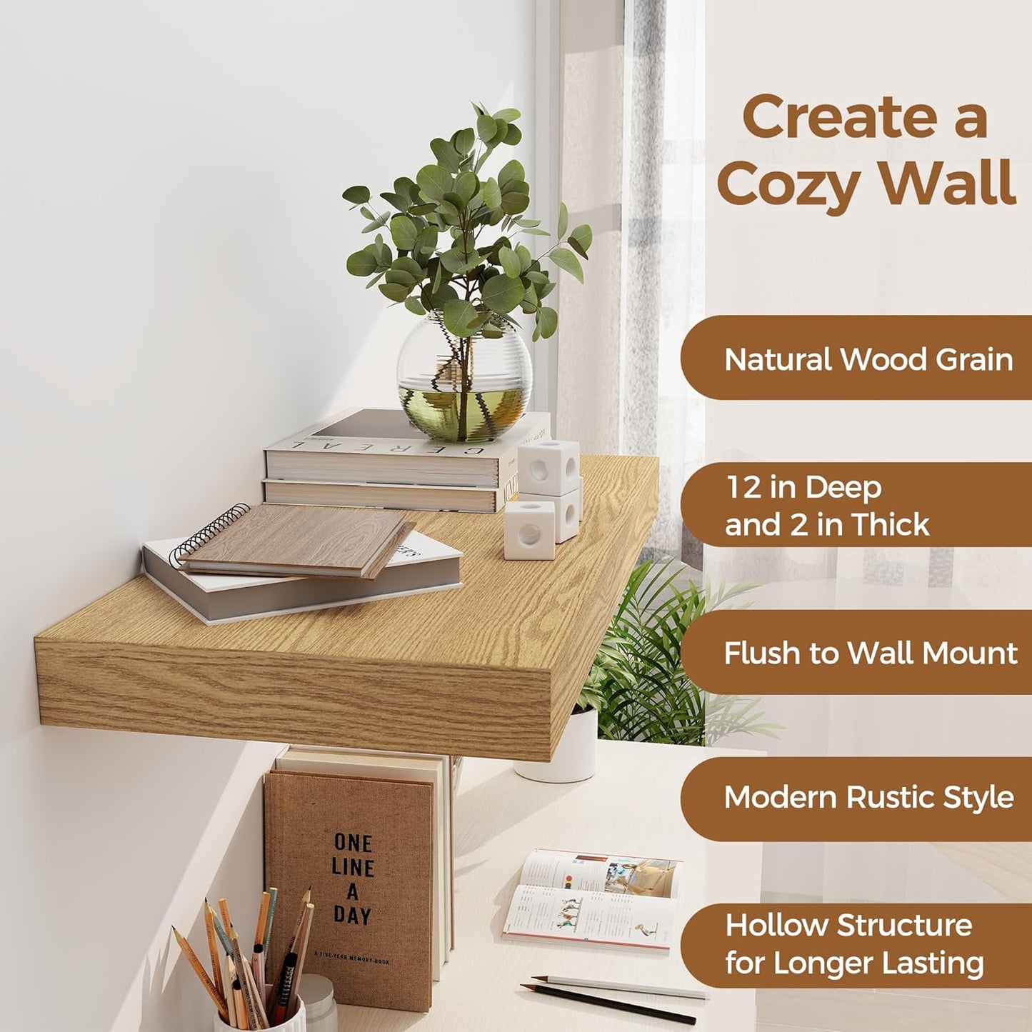 12 Inch Deep Floating Shelves, 24 x 12 Floating Shelf for Books, Rustic Wood Deep Wall Shelves for Home Storage & Display, 2" Thicked Shelves for Kitchen, Living Room, Bedroom, Oak Color, 2 Pack