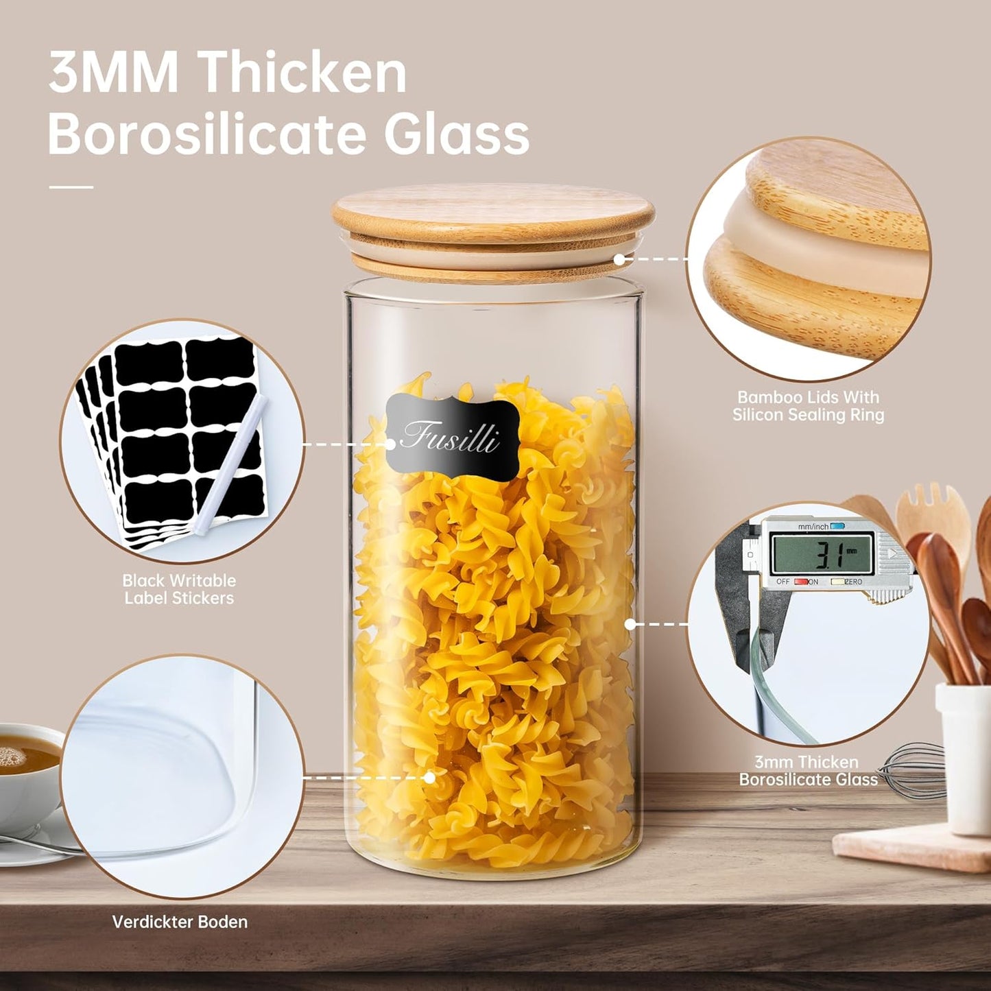 Extra Large Glass Flour and Sugar Storage Containers with Airtight Lid,132 floz x1 & 65 floz x1 [Set of 2] Big Glass Jars with Bamboo Lids, Air Tight Food Jar for Cereal, Pasta, Rice, Coffee