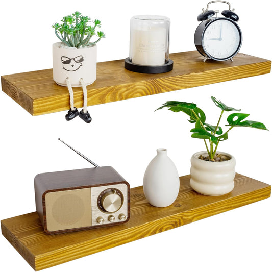 BGMG Wood Floating Shelves for Wall 30 inch Set of 2, Rustic Wooden Wall Mount Shelves for Living Room Bedroom Kitchen Farmhouse 2-30x6.7x1.25 inch- Gold Oak
