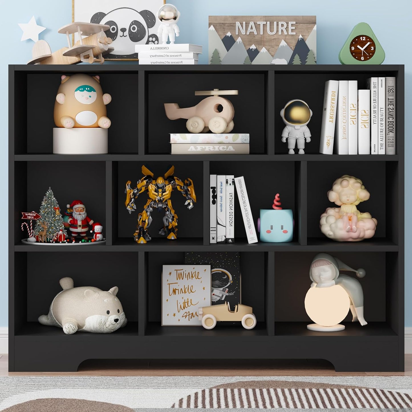 Book Shelf, 10 Cubes Storage Organizer, Freestanding Black Bookshelf Cube Shelf for Bedroom, Living Room, 3-Tier Open Bookshelf Wooden Bookcase