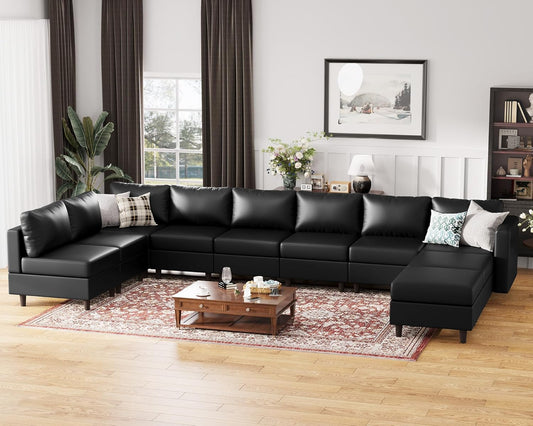 Oversized 172.5" Faux Leather Modular Sectional Sofa, Modern Large 10 Seater U Shaped Couch with Storage Seat with Reversible Chaise Deep Seat for Living Room DIY Combination - Black