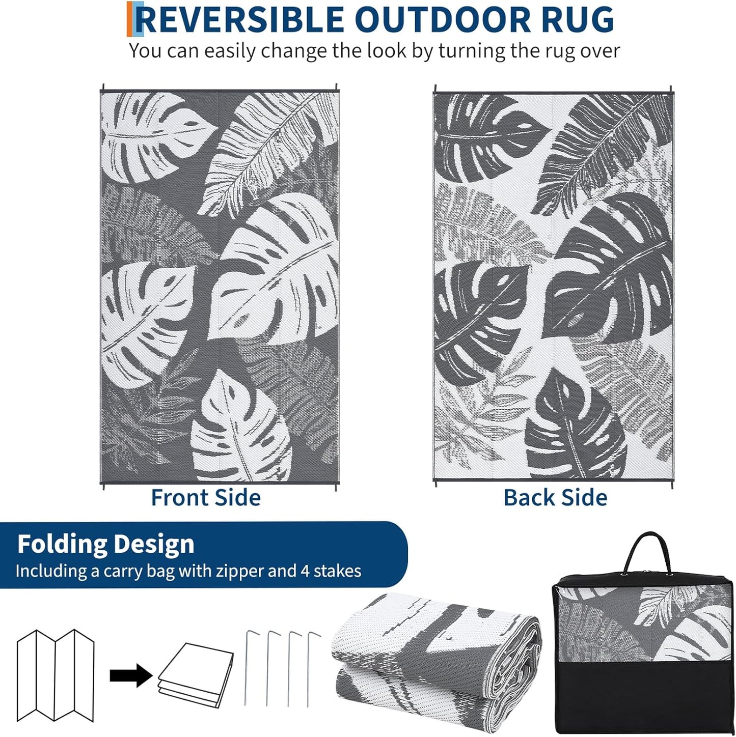 GAOMON Outdoor Rug Waterproof 9x12 Outdoor Plastic Straw Rug for Patio, Reversible Modern Camping Mat with Bag & Stakes, UV Resistant & Easy to Clean Carpet for RV, Deck, Balcony, Grey