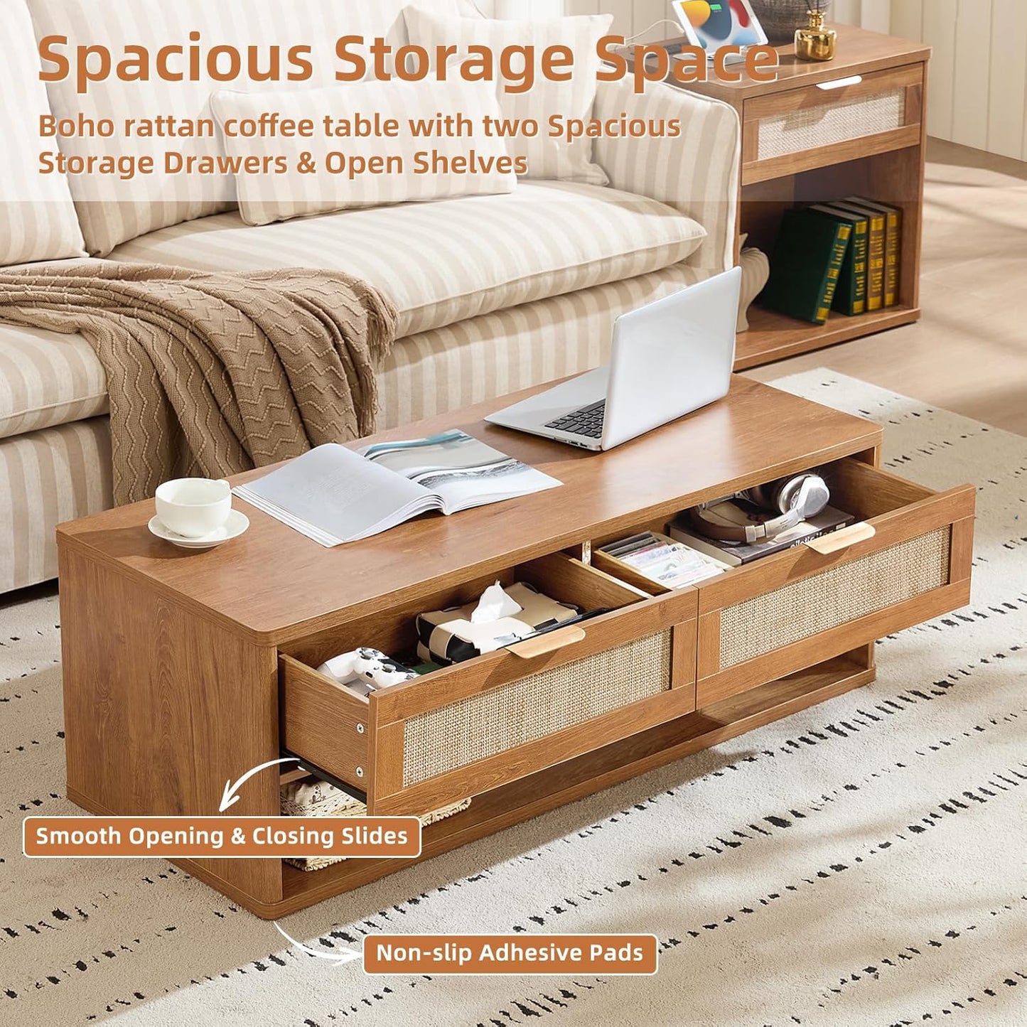 LEYAOYAO 48" Farmhouse Boho Rattan Coffee Table with 2 Woven Drawers,Rectangular Coffee Tables with Hidden Storage Compartment,Curved Profile Design,Wooden Center Table for Living Room,Office,Brown