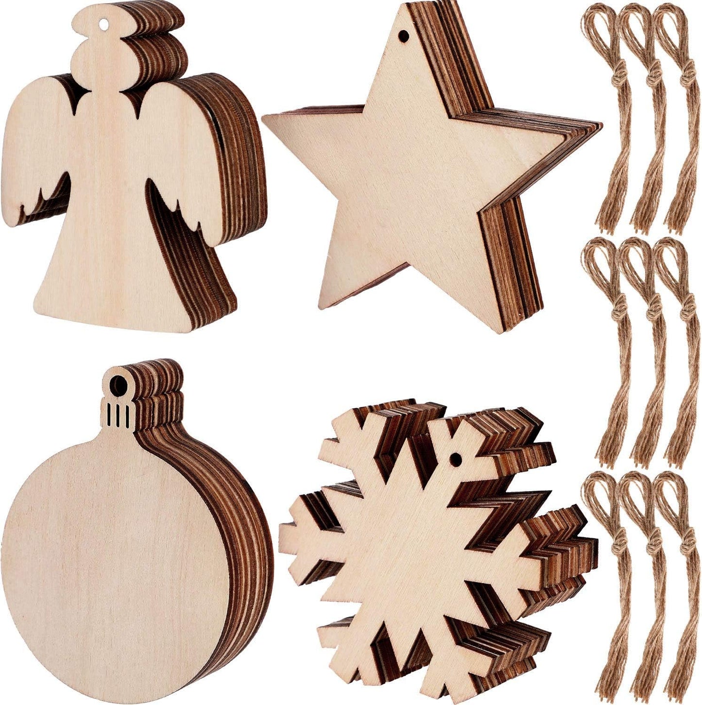 Blulu 60 Pieces Christmas Wooden Ornaments Round Wood Slices Snowflake Angel Shape with Cords for DIY Crafts New Year Christmas Tree Pendant Ornaments