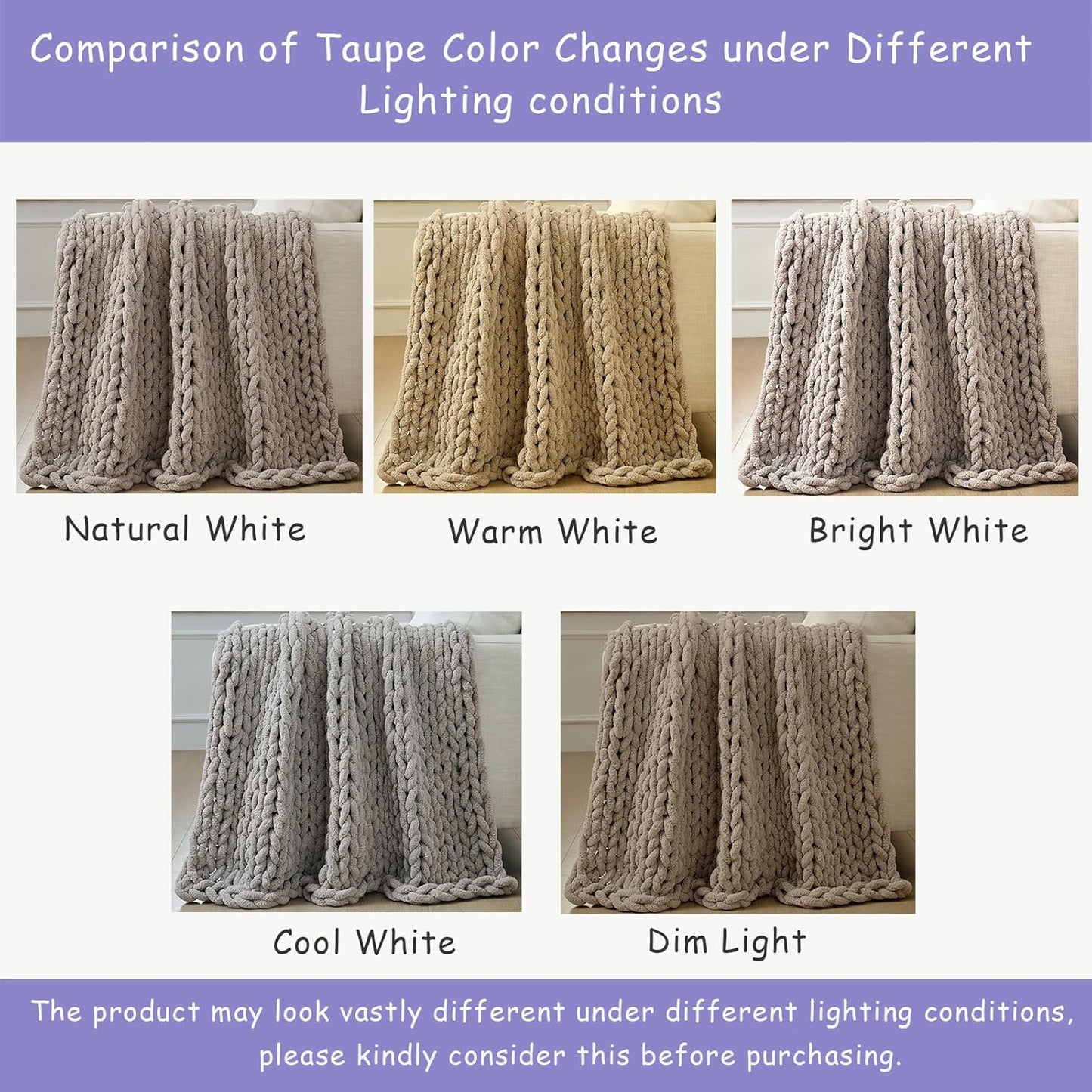 Bigacogo Chunky Knit Throw Blanket for Couch, 60x80 inches, 100% Hand Knitted with Thick Jumbo Chenille Yarn, Cozy Soft Large Rope Knot Cable Crochet Blankets for Sofa Bed Living Room, Taupe