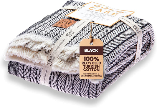 Gold Case Throw Blanket for Couch – 100% Recycled Turkish Cotton Blankets & Throws – Elegant Decorative Throw Blankets for Living Room Sofa – Woven Throws for Couch – Retro Black – 50x60