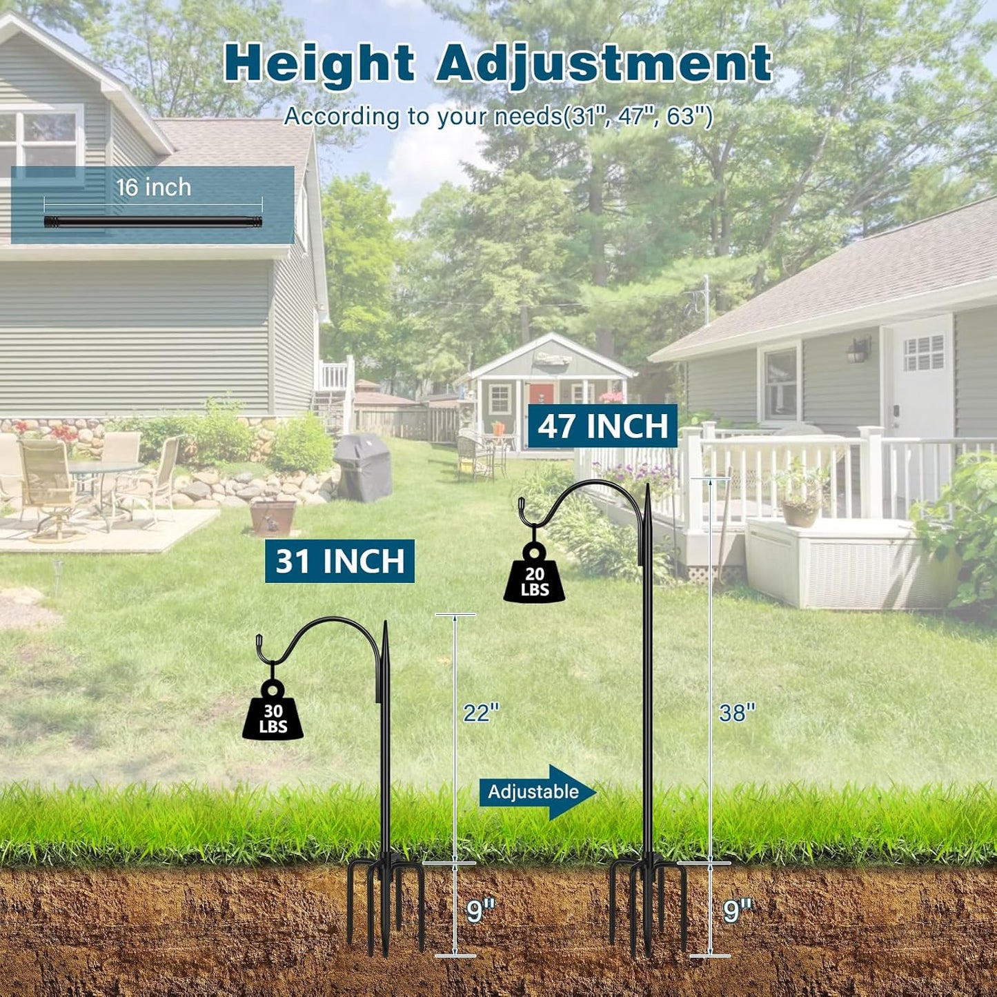 Gtongoko 47 inch Small Shepherds Hooks for Outdoor with 5 Prongs, Adjustable Bird Feeder Pole Garden Hooks for Hanging Lanterns, Plants Baskets, Hummingbird Feeders, 2 Pack