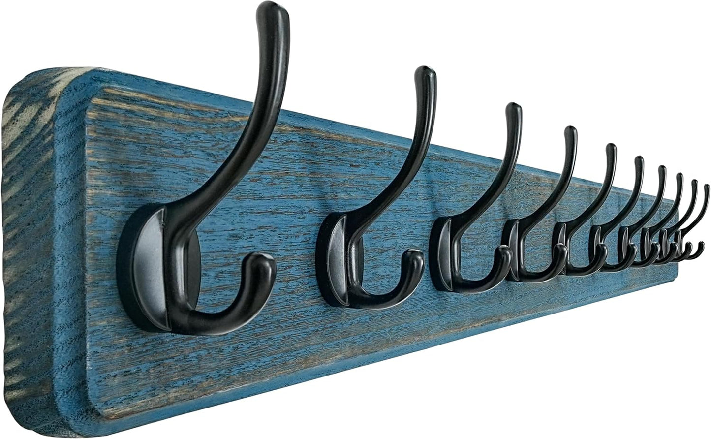 Dseap Coat Rack Wall: 38-1/4" Long, Patented, Heavy-Duty, 10-Double-Hooks Wooden Wall Mounted Coat Rack Coat Hanger Hook Rail for Winter Coats Hat Jacket Clothing, Weathered Blue