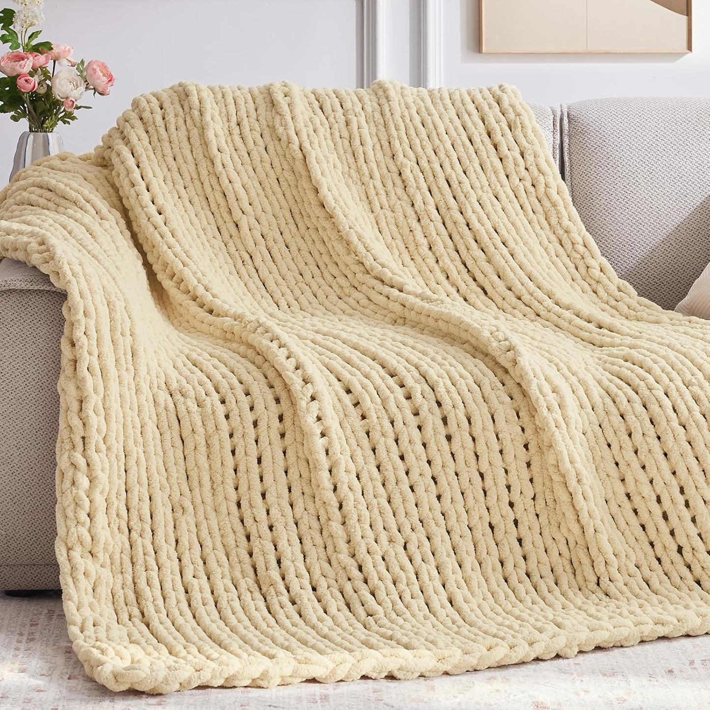 Chunky Knit Throw Blanket, 40''*50'' Knitted Throw Chenille Yarn for Bed Couch, Handmade Oatmeal Crochet Big Thick Blanket, Machine Washable Cute Comfy Blanket for Home Decor