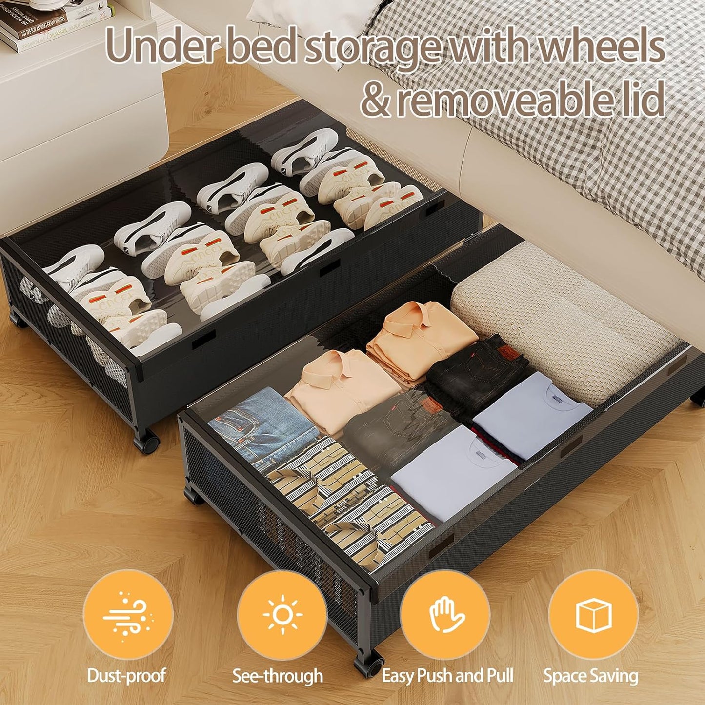 Under Bed Storage Containers with Wheels, Underbed Shoe Storage Organizer with Removable Lids, Large Rolling Under Bed Storage Dresser Drawers for Clothes Toys Shoes Blankets
