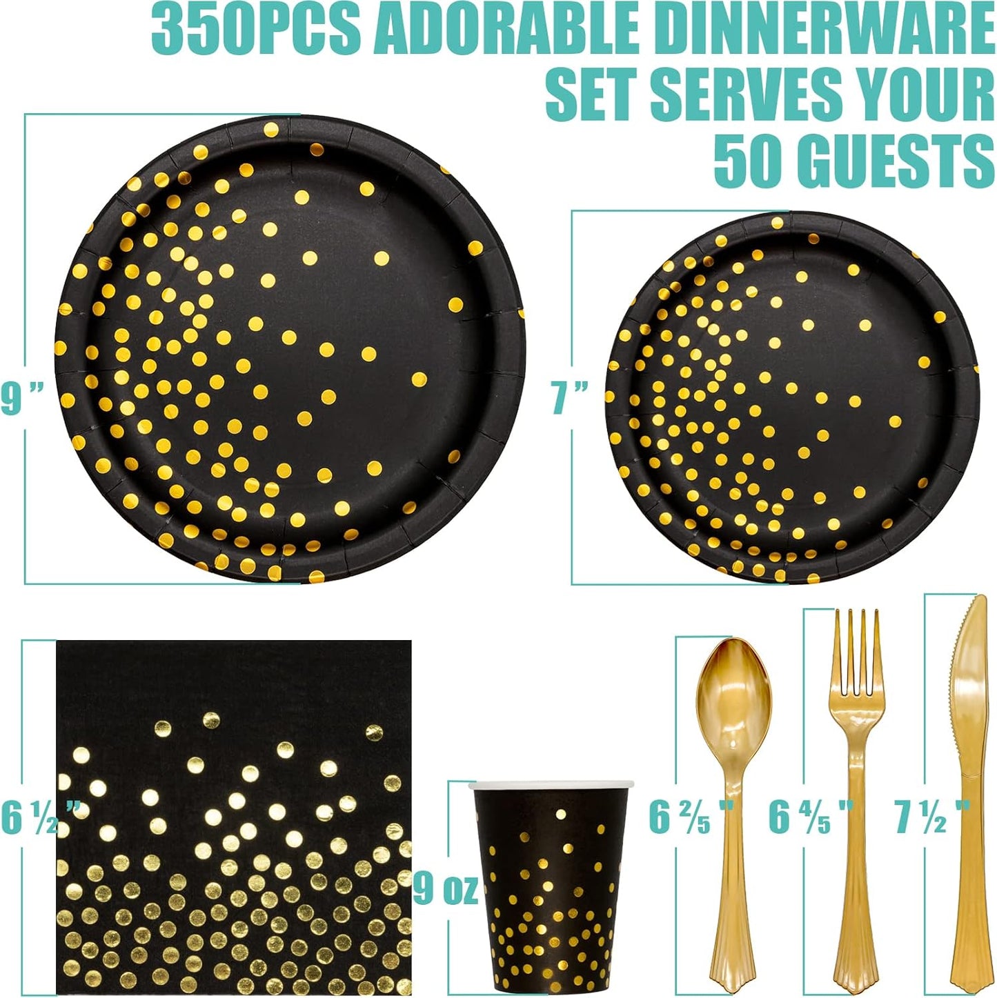 Black and Gold Party Supplies, 350PCS Disposable Dinnerware Set Inclueds Black Gold Dot Paper Plates Napkins Cups Gold Plastic Fork Knives Spoon for Women Men Birthday Wedding Baby Shower Decorations