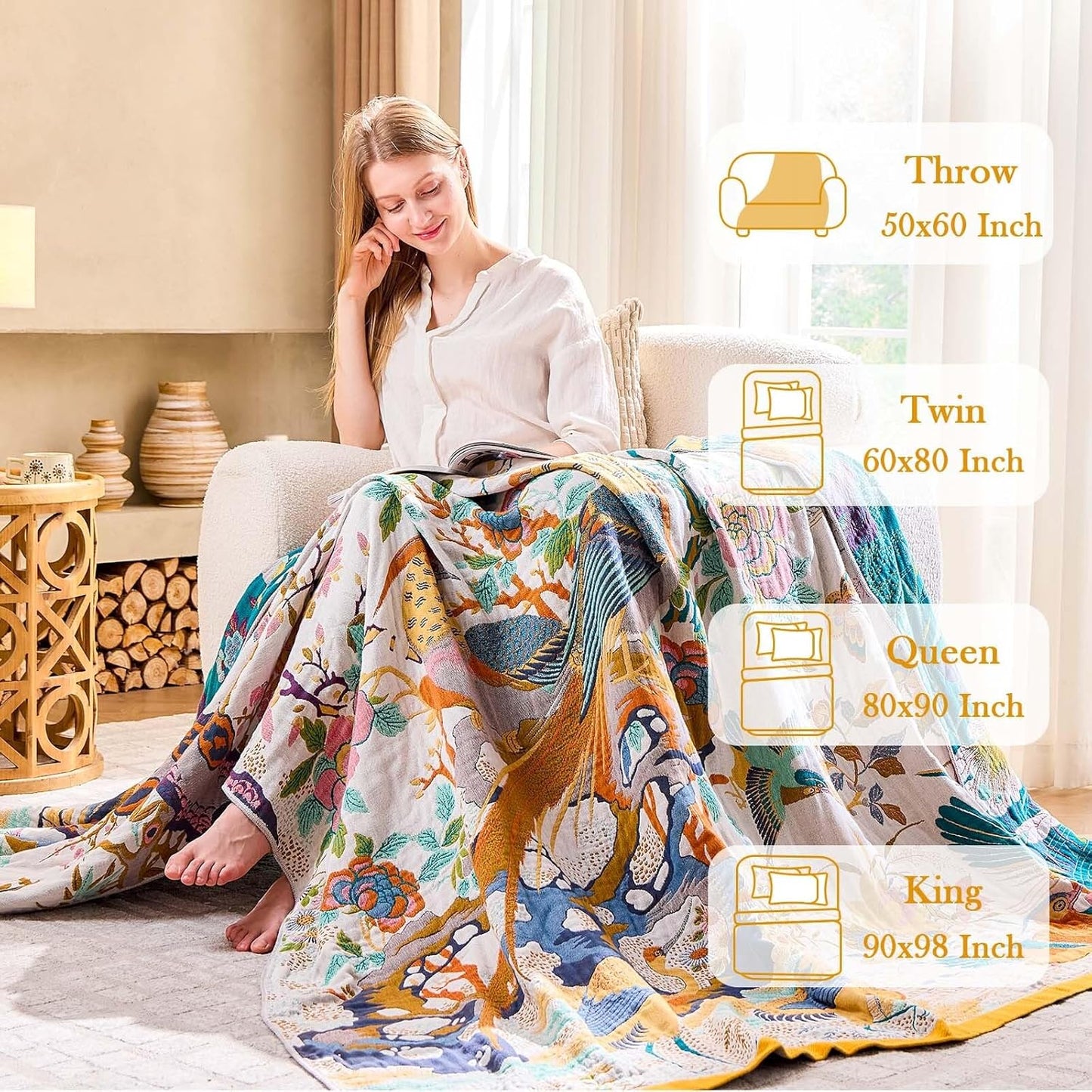 Fall Throw Blanket for Couch, Yellow Boho Decorative Throw Blanket, 100% Cotton Muslin Breathable Woven Farmhouse Blankets Quilt, 60"x80" Reversible Lightweight Blankets Bohemian Throw Quilt