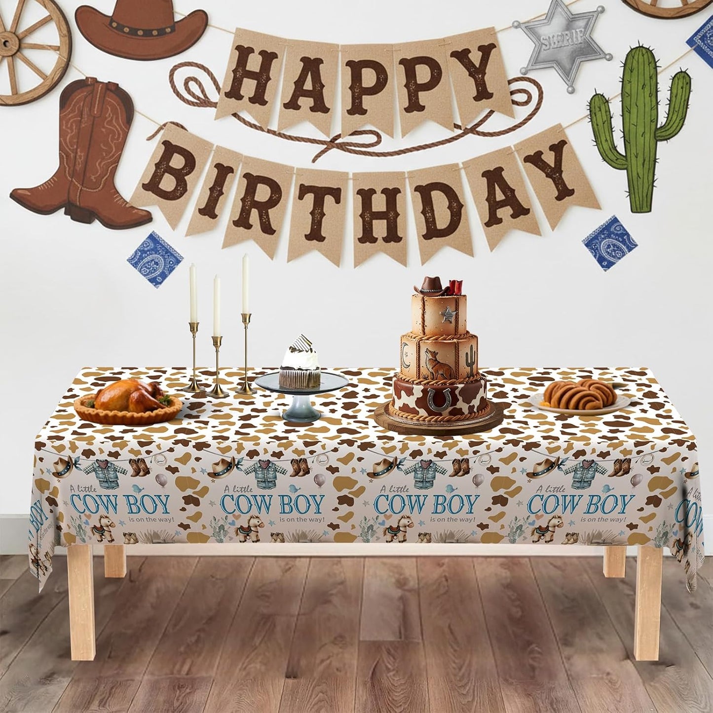 ATFUNSHOP Cowboy Baby Shower Tablecloth 4 Pack 54X108 A Little Cowboy is On The Way Western Theme Table Cover, Rustic Baby Boy Rodeo Party Decorations