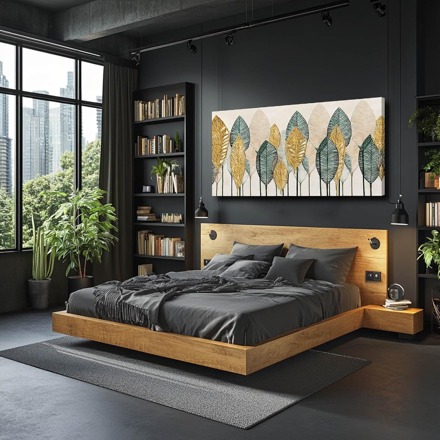 CHUDANHAO Green Canvas Artwork Gold Leaves Painting Beige Art Modern Wall Decor for Office Living Room Neutral Wall Art 29"x58" Print Photos