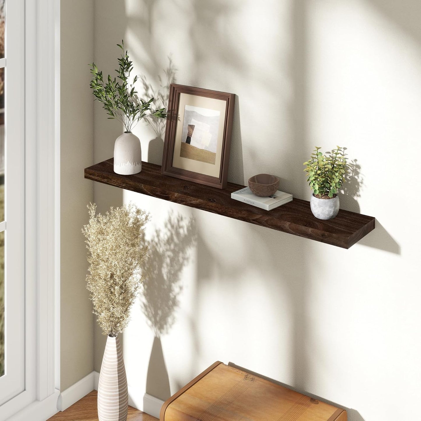 Fun Memories Rustic Elm Wood Floating Shelves for Wall, 48" Floating Shelf Wall Mounted, Long Floating Disply Shelf with Heavy-Duty Bracket for Living Room, Kitchen, Bathroom, Walnut Color, Set of 1