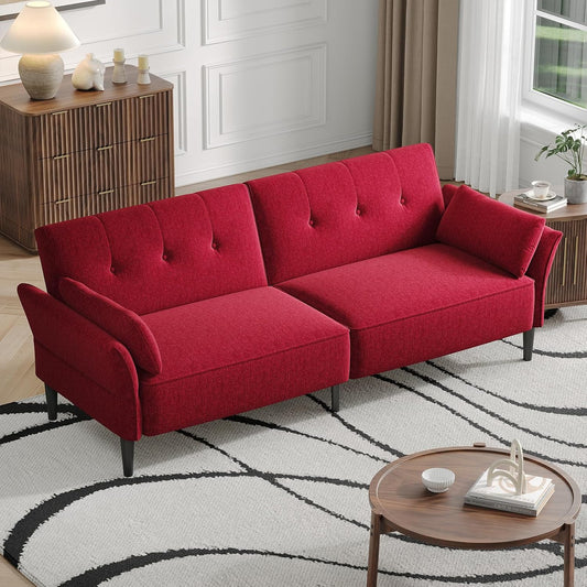 89” Futon Sofa Bed, Linen Comfy Futon Couch Bed with 2 Square Pillows, Convertible Sleeper Sofa with Adjustable Backrest& Armrests, Modern Loveseat Sleeper for Living Room, Bedroom, Red