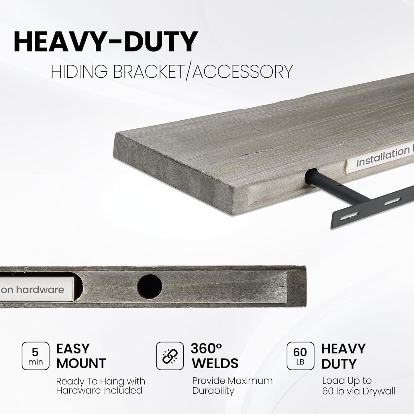 Floating Shelves for Wall, 55"x9.3" Rustic Solid Live-Edge Elm Wood Wall Shelves, Heavy-Duty Floating Shelves with Invisible Brackets, Set of 2 for Living Room, Bedroom, and Kitchen, Grey Finish