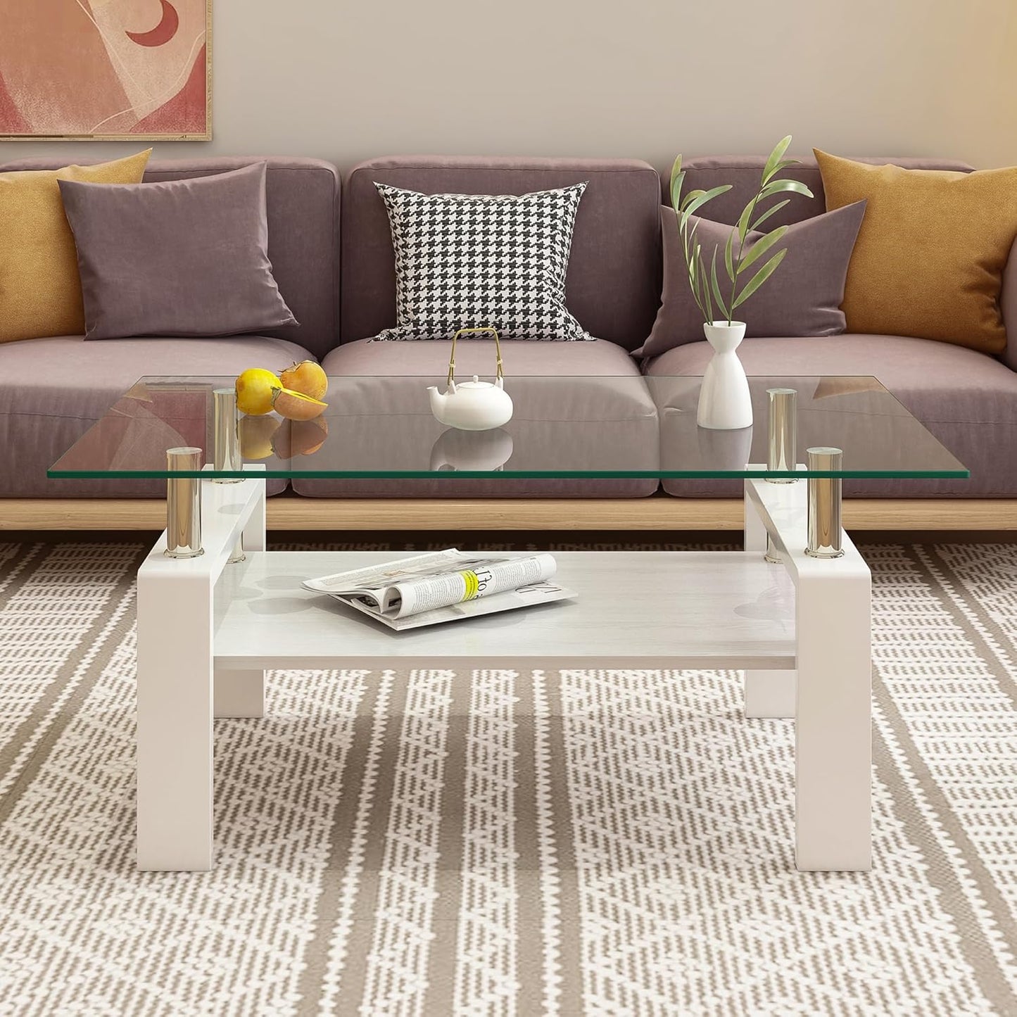 Glass Coffee Table Rectangle Living Room Center Table, with Transparent Tempered Glass Tabletop and White MDF Layer,for Living Room and Office, Transparent +White