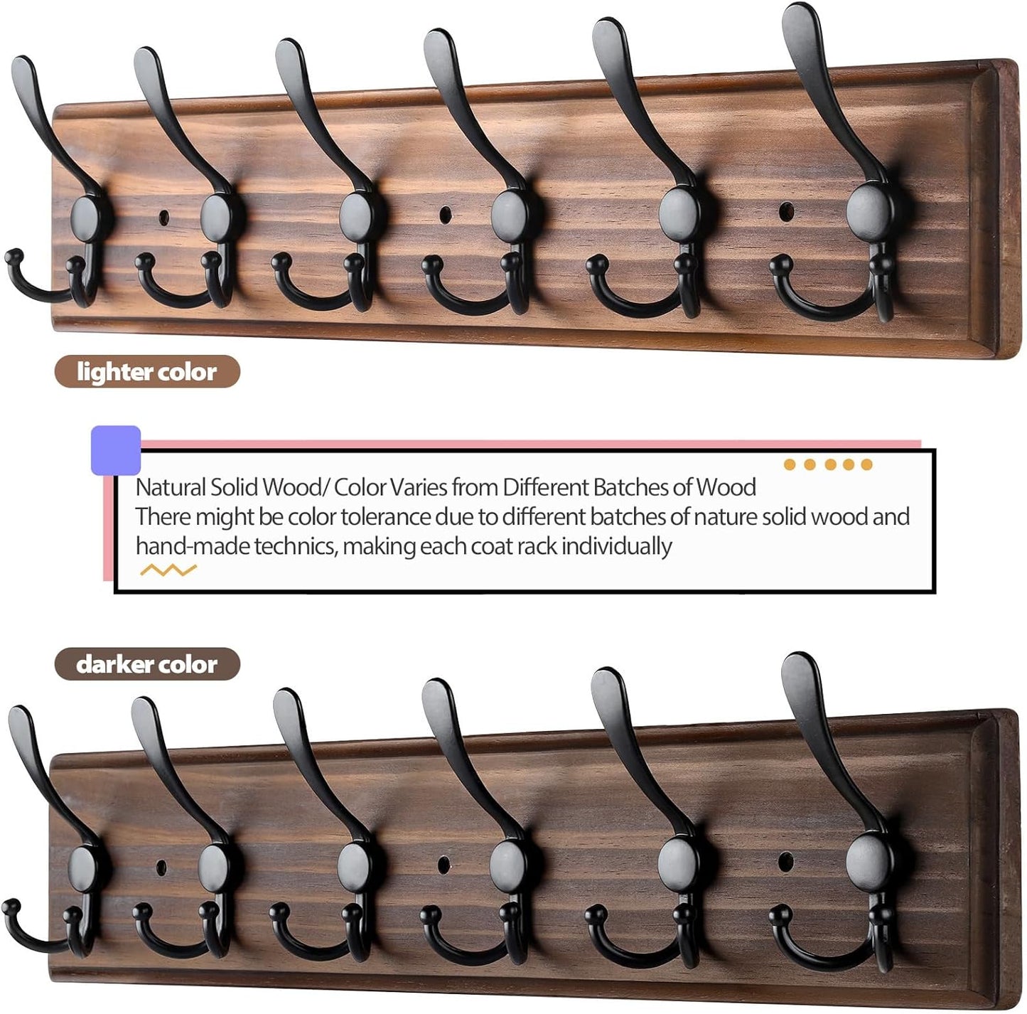 Coat Rack Wall Mount, Wooden Heavy Duty Coat Rack for Wall,6 Triple Coat Hanger Hooks for Hanging Coats,Jacket,Hat,Clothes (Brown, 6 Hooks)