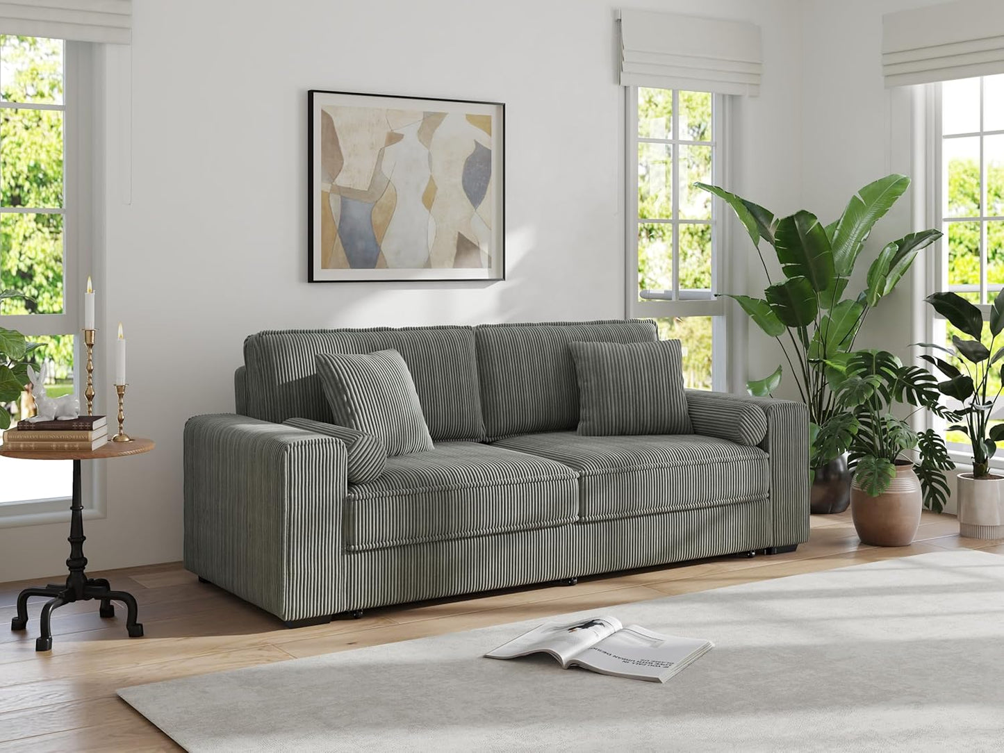 91-Inch Corduroy Pull Out Couch with Storage, Convertible Queen Sleeper Sofa with Pull Out Bed, Hide a Bed Couches for Bedroom, Guest Room, Apartment, Small Places, RV (Grey)