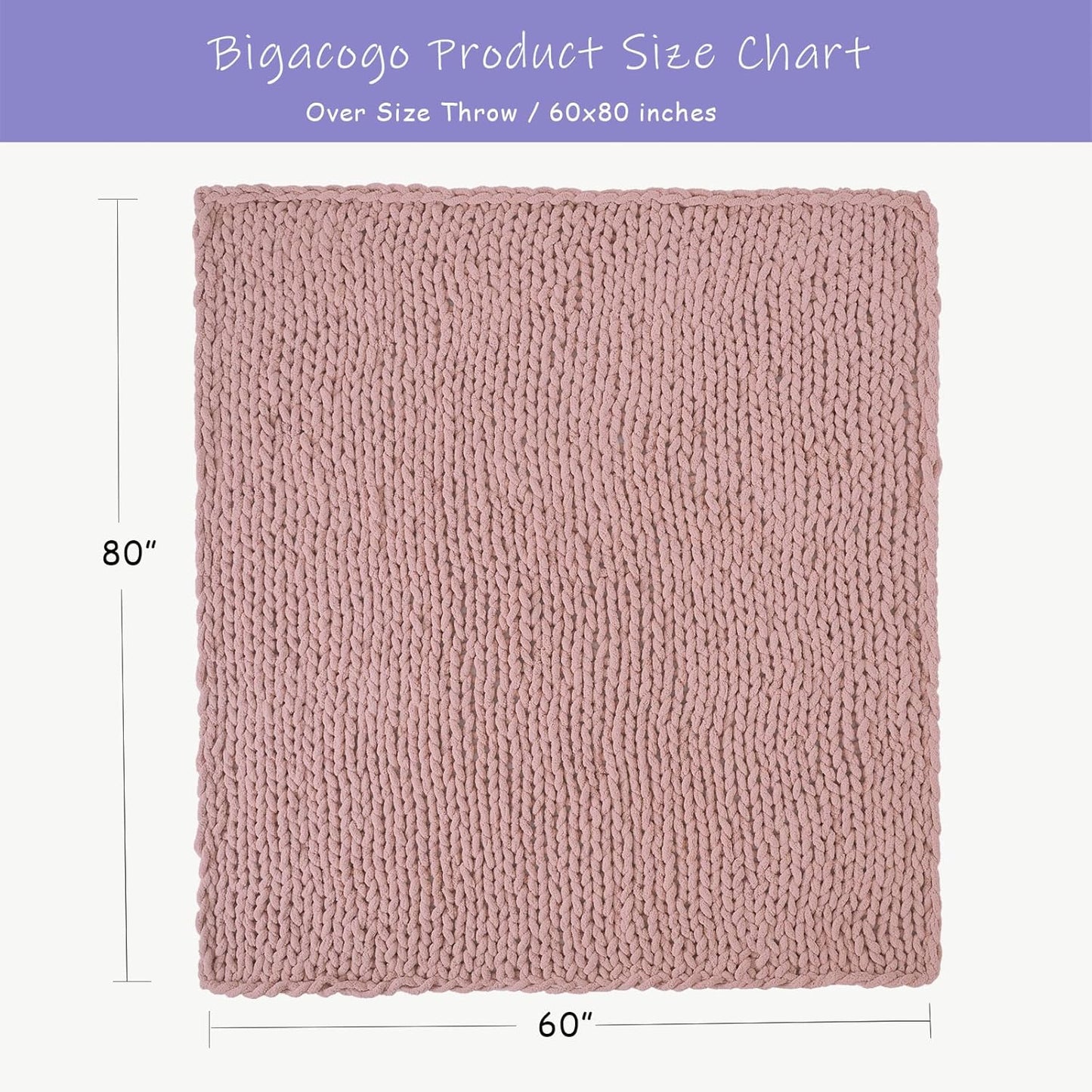 Bigacogo Chunky Knit Throw Blanket for Couch, 60x80 inches, 100% Hand Knitted with Thick Jumbo Chenille Yarn, Cozy Soft Large Rope Knot Cable Crochet Blankets for Sofa Bed Living Room, Dusty Pink