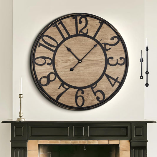 Large Wall Clock for Living Room Decor - Non-Ticking, Silent, Battery Operated Modern Vintage Wood Clock - Oversized Decorative for Bedroom, Kitchen, Farmhouse, Office