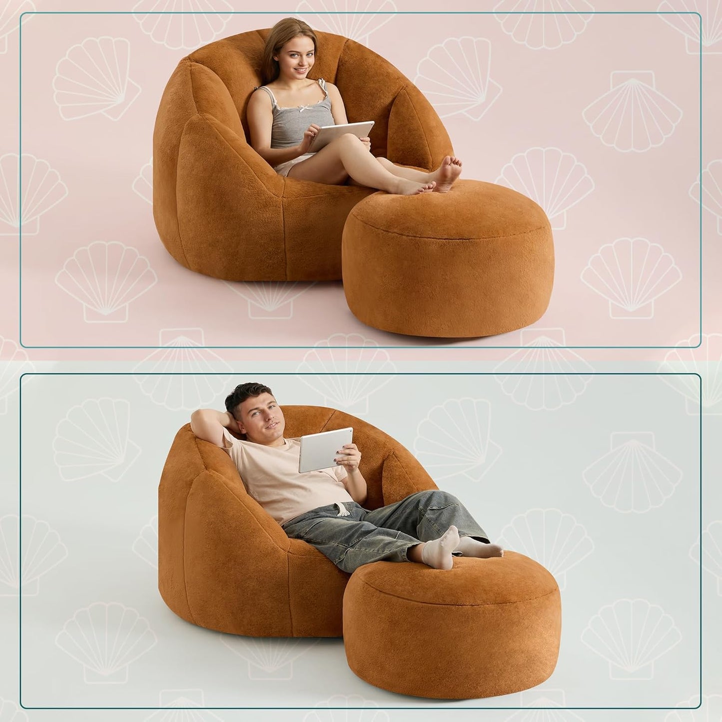 Giant Bean Bag Swivel Chair for Adults - Comfy Plush Round Shell Soft Accent Chaise Lounge Indoor Chair, Oversized Cozy Floor Sofa for Living Room, Bedroom & Game Rooms, Orange