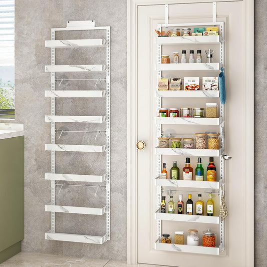 bukfen Over the Door Pantry Organizer,8-Tier Adjustable Basket Kitchen Pantry Door Organization and Storage, Heavy-Duty Metal Hanging Kitchen Spice Rack,D6.3 x W17.32 x H66.93 inch,White Marble Color
