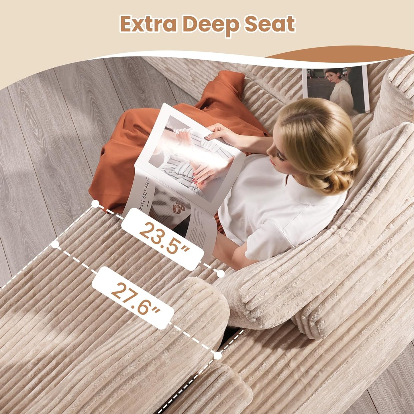 HOOOWOOO Cloud Sectional Couches for Living Room,Modular Sectional Sofa No Assembly,133X108 Inch Plush Corduroy Large U Shaped Floor Couch Set with Deep Seat Left Chaise(Beige)